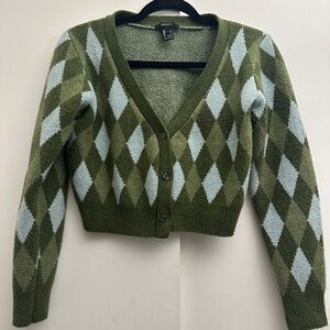 Forever 21 Olive and Light Blue Argyle Cardigan